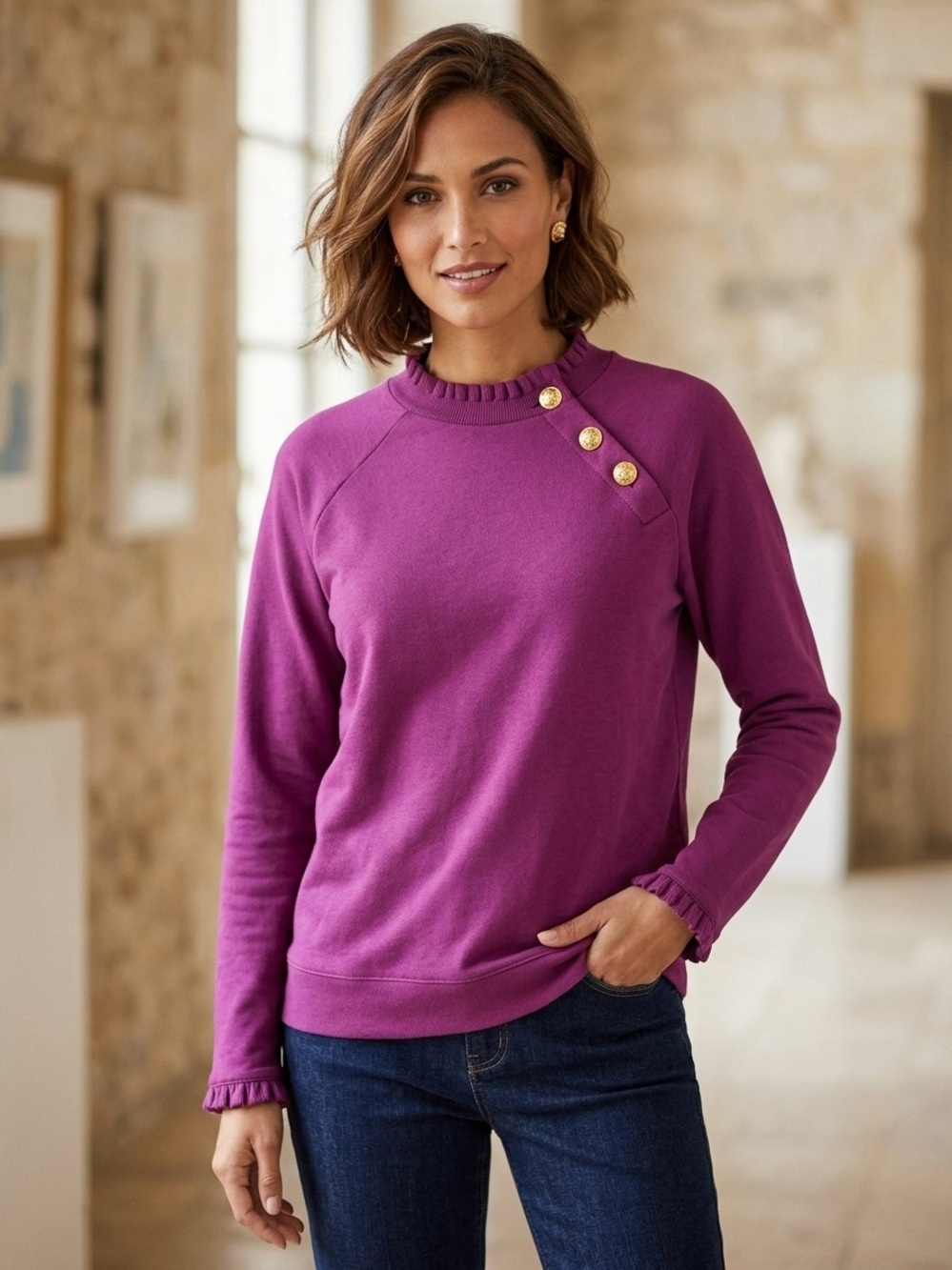 Talbots Ruffled Neck Pullover Sweatshirt Gold Crest Buttons Magenta LP